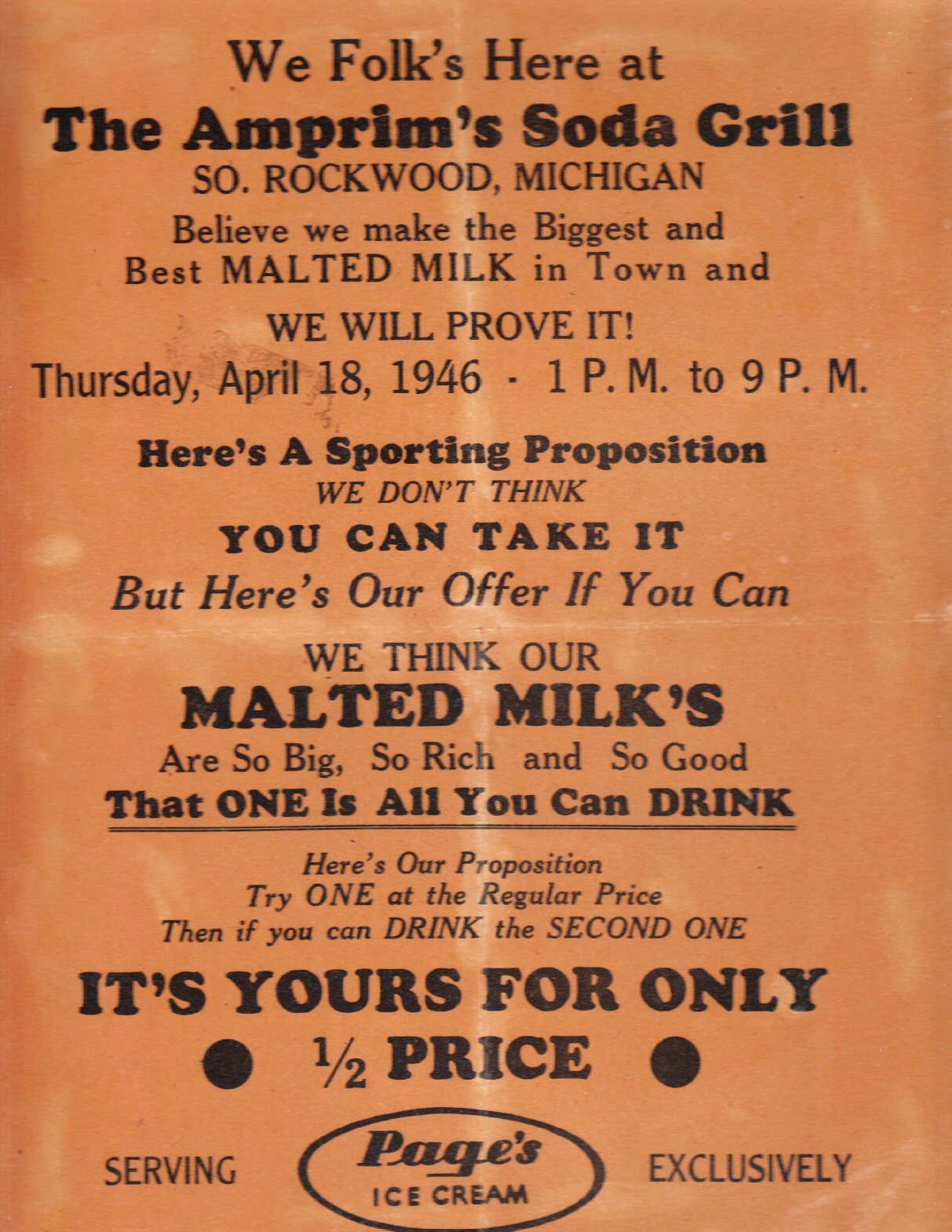 Advertisement for Malted Milk at the Amprim Soda Grill, Rockwood, MI - April, 1946