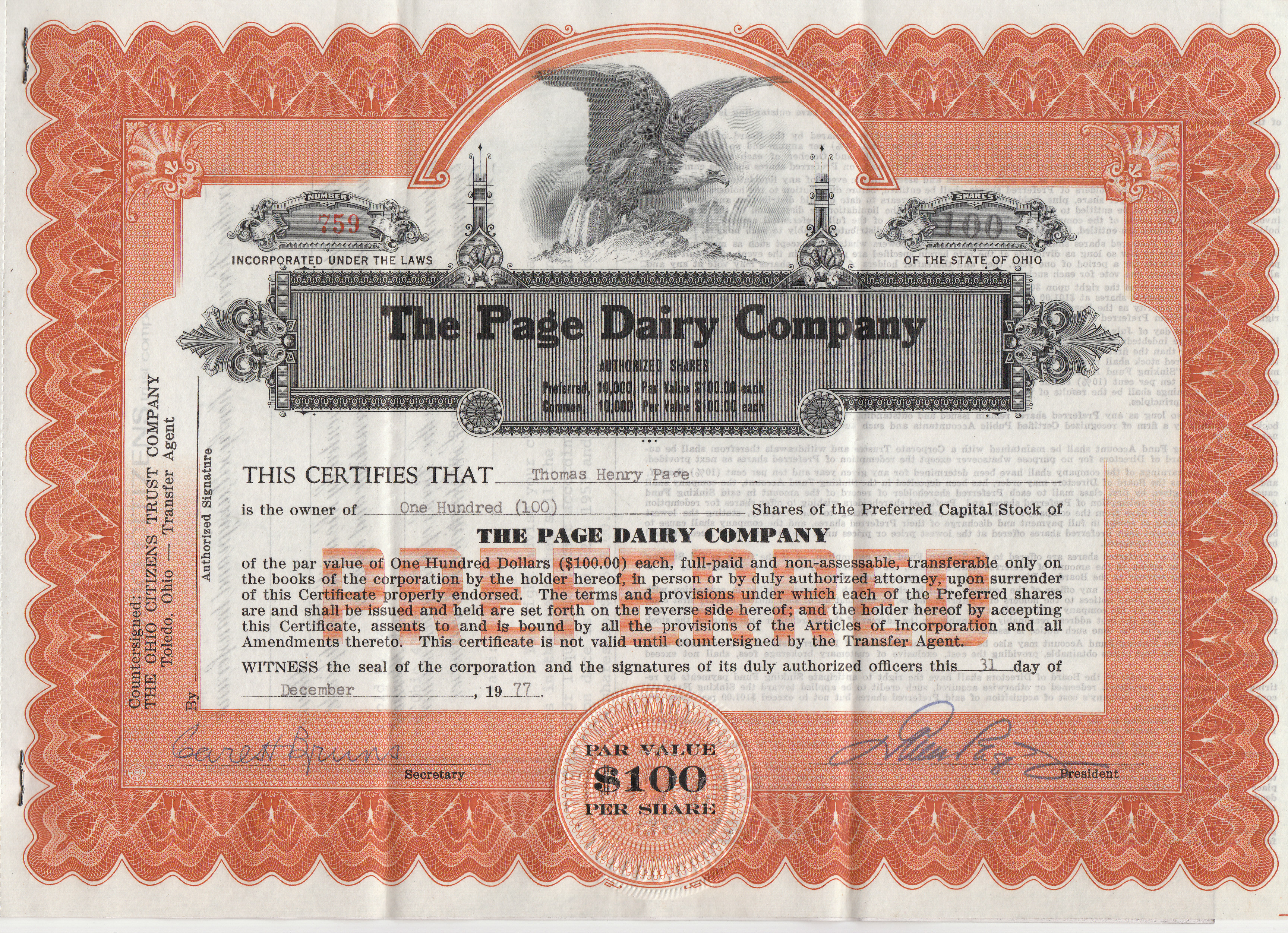 Page Dairy Preferred Stock Certificate