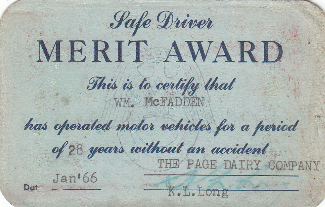 Page Dairy Safe Driver Merit Award - Wm McFadden Jan 1966