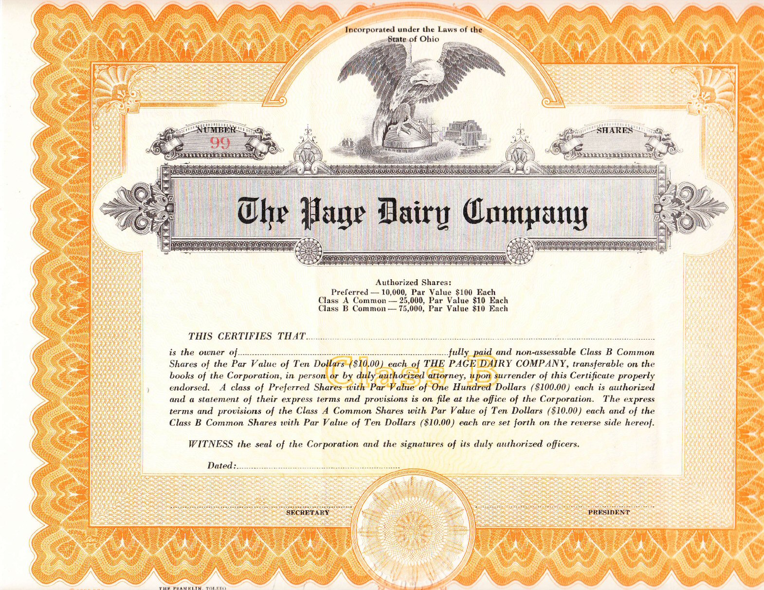 Page Dairy Stock Certificate